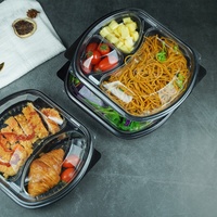 Conteneur alimentaire jetable biodégradable en gros avec couvercle transparent, boîtes à emporter uniques, compatibles micro-ondes, boîte en plastique noire à 3 compartiments