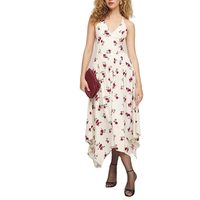 Robe midi tissée sans manches à imprimé floral, col en V personnalisé, style licou, coupe trapèze, taille haute, décontractée, sexy et élégante pour femme