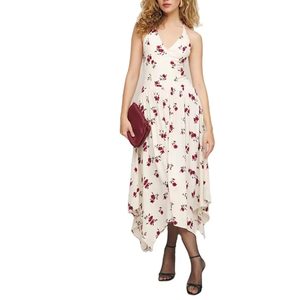Robe midi tissée sans manches à imprimé floral, col en V personnalisé, style licou, coupe trapèze, taille haute, décontractée, sexy et élégante pour femme - Product Image 3