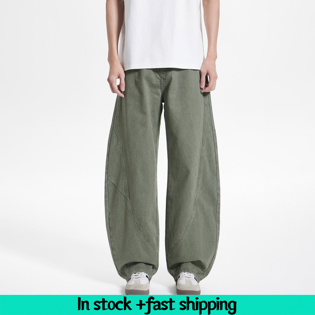 In Stock Green Curved Line Barrel Baggy Denim Jeans Men Loose Wide Fit Casual Streetwear Pants for Daily Fashion Matching