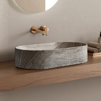Vasque de salle de bain ovale en pierre artificielle motif travertin grain de bois gris clair, durable, pour décoration intérieure