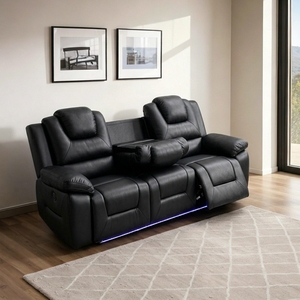 Conjunto de Sofás Reclinables Ergonómicos de Cuero Sintético Moderno, 3+2+1 Plazas, con Luces LED USB y Mesa Abatible, para Sala de Estar o Cine en Casa - Product Image 4