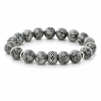Herren Naturstein Perlenarmband 10mm Grauer Stein Dehnbares Kordelarmband mit Edelstahl-Anhänger
