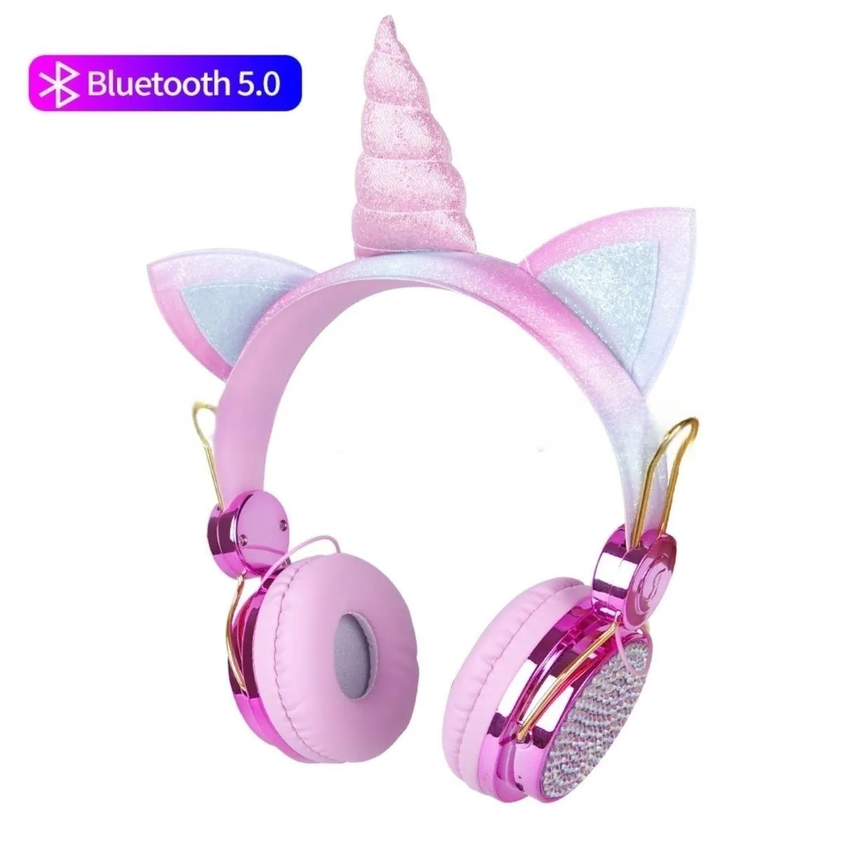 Kopf tragende süße Cartoon Unicorn Bluetooth drahtlose Headset-Kopfhörer mit diamant besetzten glänzenden Aufklebern für Kinder