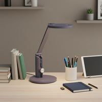 Lampe de bureau LED en aluminium avec abat-jour rond simple, éclairage latéral flexible contemporain, intensité variable en continu, alimentation électrique CC