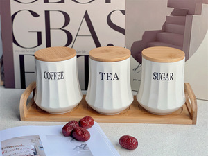 OEM ODM Nouveaux ustensiles de cuisine créatifs de qualité alimentaire, boîte de rangement en céramique pour thé, café, sucre avec couvercle en bambou, logo personnalisé, vente en gros - Product Image 5