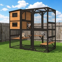 Maison pour chat d'extérieur moderne en bois de sapin massif avec toit en bois imperméable et plateforme multi-niveaux à motif imprimé