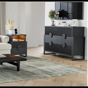 Black Fluted Bedside Table Modern Nightstand with Charging Station and RGB LED 2 Drawer Bedroom Living Room Storage - Product Image 6