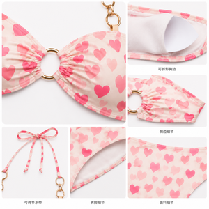 Conjunto de traje de baño de bikini con estampado de corazones para mujer, traje de baño triangular con cuello halter, ropa de playa de secado rápido - Product Image 3