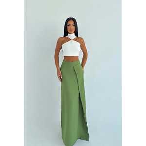 Falda Larga de Satén Color Caqui para Niñas, Estilo Lápiz y Recto con Detalle de Lazo y Tejido de Punto, en Spandex - Product Image 2