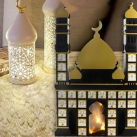 Hölzerner Ramadan-Countdown-Kalender mit LED-Beleuchtung in Moschee- und Burgform Muslimische Eid Mubarak Tischdekoration für Feiern