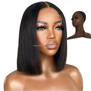 Peluca Bob Corta y Lisa de Alta Calidad con Flequillo, Cabello Remy Brasileño, Estilo <span class=keywords><strong>Yaki</strong></span> para Mujeres Negras - Product Image 2