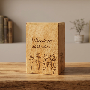 Personalized Wooden Pet Urn Engraved With Name And Dates Floral Design Natural Wood Finish Cremation <b>Keepsake</b> <b>Box</b> - Product Image 3