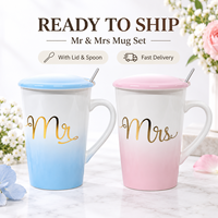 Expédition immédiate : Nouvelle tasse en céramique dégradée de 12 oz avec couvercle et cuillère, mignonne, pour hommes et femmes, idéale pour café, thé, cadeau Saint-Valentin, Noël, Fête des Pères