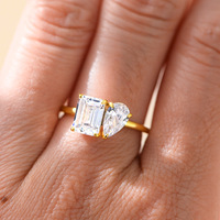 Bague en argent sterling S925 avec zircone géométrique en forme de goutte d'eau et carrée, plaquée or 14 carats, design double pierre pour femme
