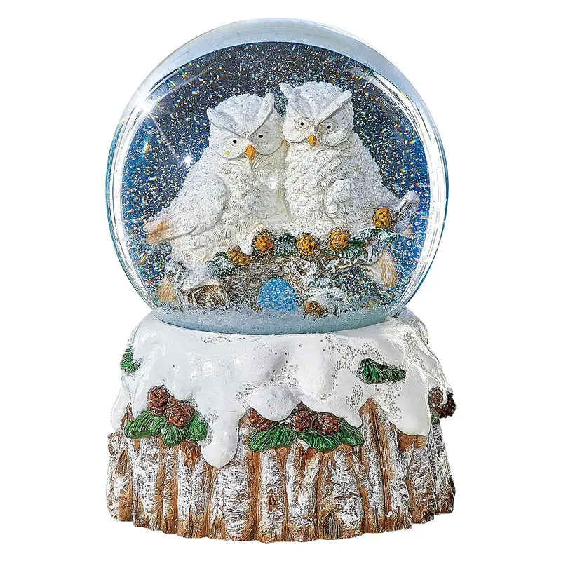 Fabricação Artesanal Tabletop Resina Water Globe Com Deixe Nevar Musical Natal Coruja Snow Globe