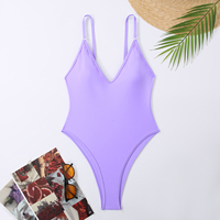 Traje de Baño de Una Pieza Color Sólido Sexy OEM NUEVO, Bikini Halter para Mujer, Traje de Baño Personalizado para Mujer con Cuello en V Profundo