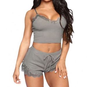 Ensemble <span class=keywords><strong>de</strong></span> pyjama en gros pour femmes, short à bretelles tendance, dentelle, deux pièces, satin sexy, vêtements <span class=keywords><strong>de</strong></span> nuit pour filles - Product Image 2