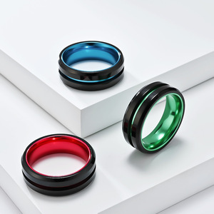 Anillo de Acero Inoxidable de Dos Tonos para Hombre con Incrustaciones de Aluminio Anodizado, Diseño Geométrico, Opciones de Color Rojo, Verde y Azul, Joyería de Regalo - Product Image 1