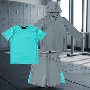 Ensemble sportif 3 pièces pour garçons : veste à capuche, short et t-shirt gris-vert, séchage rapide, léger, en polyester, pour l'été, vêtements de sport pour enfants - Product Image 2