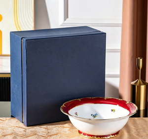Luxury Cobalt Blue & Red Gold Trim Floral Bone China Serving Bowl Baroque Style Porcelain Salad Bowl - Product Image 1