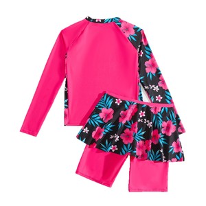 Maillot de bain à manches longues pour filles avec haut à jupe imprimé floral et bas <span class=keywords><strong>capri</strong></span>, ensemble modeste trois pièces tanga pour adolescentes - Product Image 2