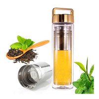 Infuseur à thé à bulles 400ml, bouteille d'eau en verre à Double paroi avec couvercle doré, gourde pour infusion