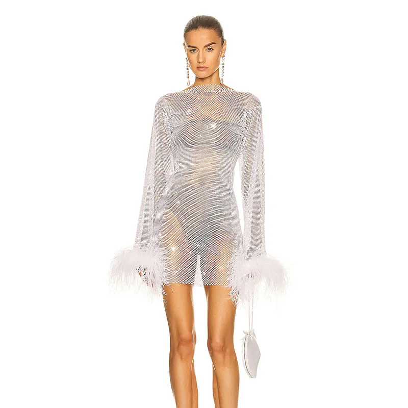 lady white crystal rhinestone party dresses sexy bodycon sequin mesh feather mini rhinestone dress women