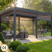 Pergola à lames orientables en aluminium gris foncé, télécommandée, avec écrans anti-vent électriques à quatre côtés, résistante au vent de 180-220 km/h, pour zone double.