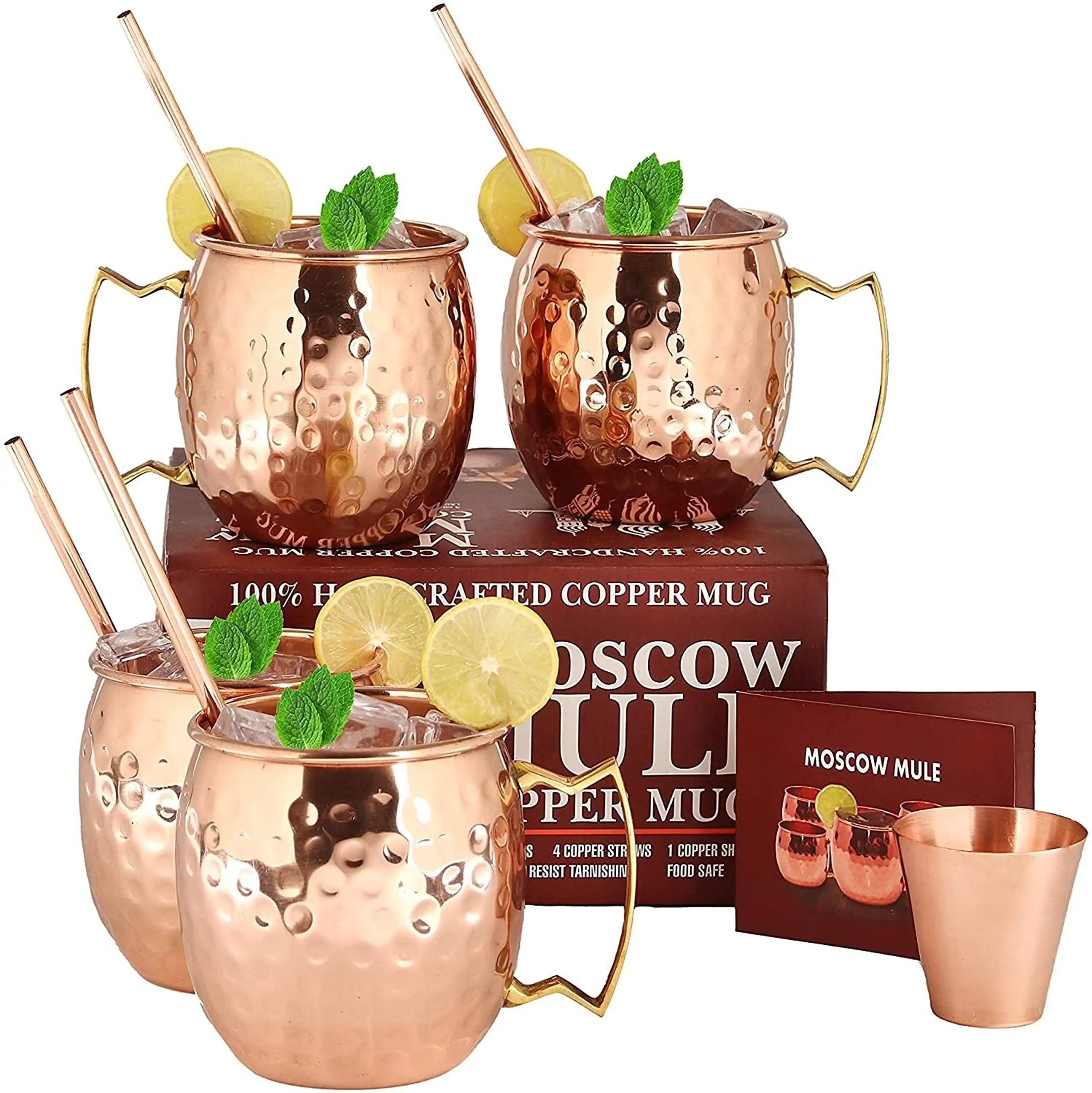 Moscow Mule-Juego de tazas de cobre de 4 tazas, juego de regalo Premium de 16 oz con 4 pajitas de cobre para cóctel