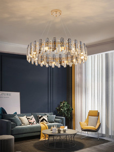 Lustre en cristal finition or, LED E26, blanc chaud 3500K, intensité variable, hauteur réglable, Ra90 CRI, garantie 5 ans, luminaire suspendu pour salon - Product Image 1