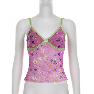 Nouvelle collection Printemps-Été 2026 : Top Camisole Rose pour Femme, sans manches, en maille transparente tricotée avec dentelle et imprimé floral, modèle mignon, en promotion. - Product Image 6