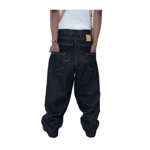 Pantalones Vaqueros de Mezclilla Cruda con Parches de Cuero Personalizados, Bolsillos Dobles, Estilo Retro, de Alta Calidad, para Hombre, Corte Holgado, Estilo Nave Stacked - Product Image 1