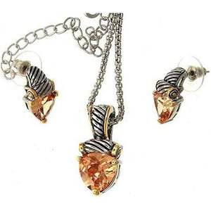 Two-Tone Cable Twist Design Triangular Cut Cubic Zirconia <b>Crystal</b> Stone Pendant and Earring Set Fine <b>Jewelry</b> - Product Image 1