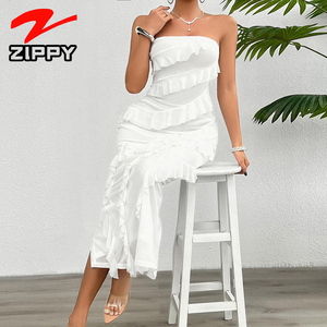 OEM ZIPPY personalizzato di alta qualità alla moda senza spalline <span class=keywords><strong>in</strong></span> Mesh con volant Maxi <span class=keywords><strong>abito</strong></span> aderente con spacco posteriore elegante <span class=keywords><strong>abito</strong></span> lungo da spiaggia - Product Image 1