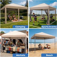 Auvent pliant carré premium 10x10 avec moustiquaire, structure en acier beige, protection UV imperméable pour le camping en extérieur