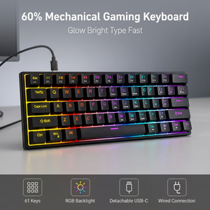 Clavier mécanique gaming filaire mini ultra-compact 61 touches 60% anti-ghosting avec rétroéclairage LED et switches bleus pour joueurs - Product Image 1