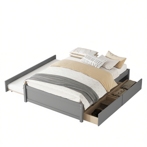 Estructura de Cama Doble DB de Madera Maciza con Diseño Moderno en Gris, Cama Matrimonial con Nido de Tamaño Individual y Dos Cajones, Tamaño King Size para Uso en el Dormitorio del Hogar - Product Image 1