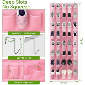 Over The Door <b>Shoe</b> Organizer 40 Pockets Mesh Hanging Rack For <b>Shoes</b> <b>Storage</b> Behind Door Wall Mount Pink - Product Image 2