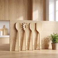 Lot de 4 ustensiles de cuisine en bambou naturel : cuillère, spatule, pelle à pâtes, antiadhésifs, résistants à la chaleur, avec trou de suspension