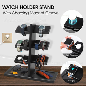 Wooden Watch Stand 3 Tier Black Multi Layer <b>Smart</b> Watch <b>Bracelet</b> Glasses Desktop Storage Rack With Charging Port - Product Image 3