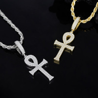 Collier Hip-hop S925 entièrement serti de diamants, pendentif croix Ankh égyptienne, style Ins, chaîne de clavicule