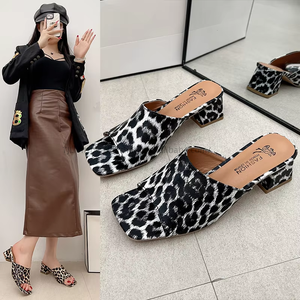 Outwear Sexy Square Toe Mid Heel <b>Slippers</b> for Women Summer New Arrival Skirt <b>Leopard</b> Print Elegant Sandals 43 - Product Image 1
