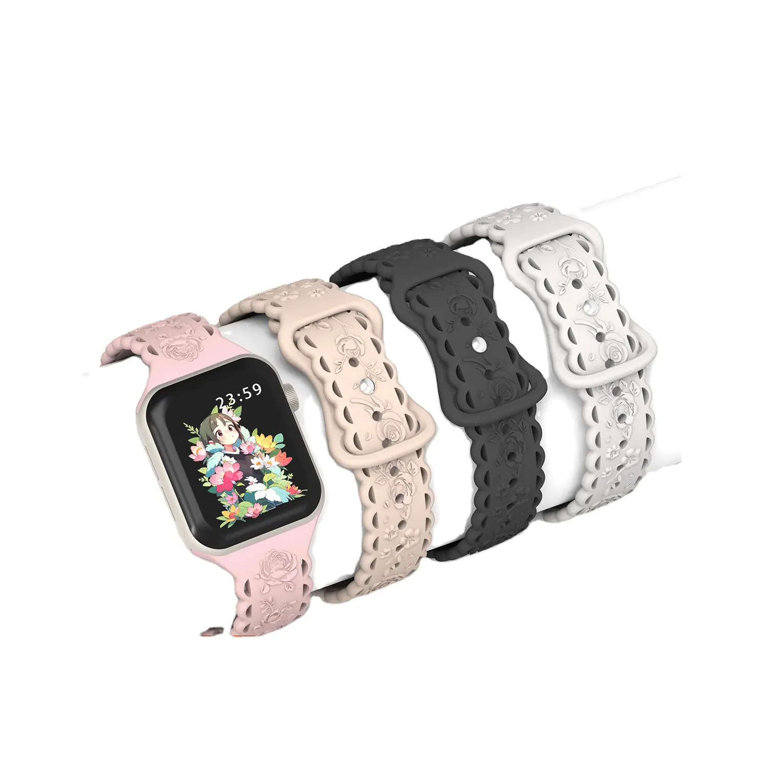 Leyi boucle bracelet remplacement gravé relief bracelet de montre silicone 3D rose design dentelle bracelet de montre pour montre 8 ultra 38mm 49mm