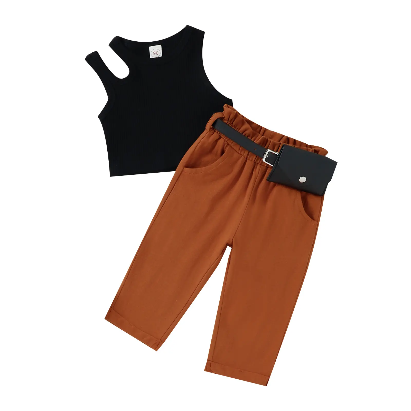 Girls Fashion Trend Design Black Cotton Tank Top Trousers With Waist Bag Summer Suit Kid Girls 2 Piece Sets