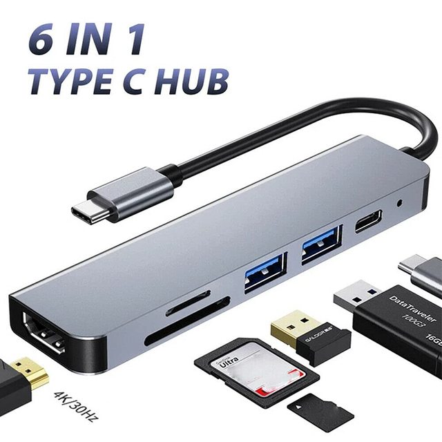 Factory Wholesale Laptop 6-in-1 USB C Hub Multiport Adapter, USB 3.0 Docking Station with SD/TF Card Reader for Laptop