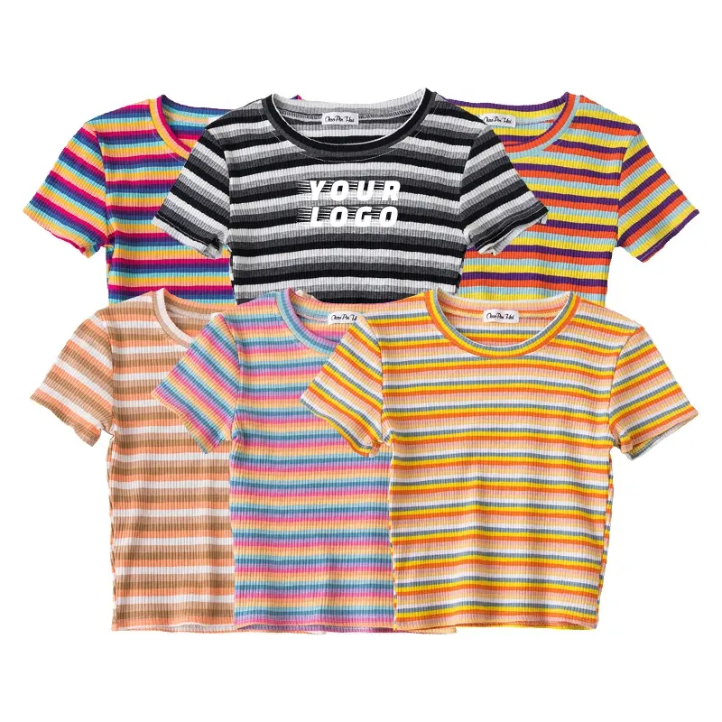 wholesale free sample customized logo printing women crop tshirt striped shirt cheap blank sexy shirts