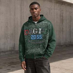 Sudadera con Capucha Verde Vintage con Letras Estilo Universitario para Hombre, 100% Algodón, Gruesa, 360 Gramos, Forro Polar, Cierre Completo, Logotipo Personalizado en Relieve - Product Image 1