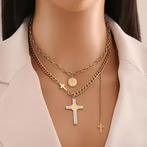 Gran oferta 2024 moda multicapa 18K oro Acero inoxidable Cruz colgante collar y pendientes conjuntos joyería de mujer