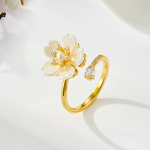 Flower Pearl Open <b>Ring</b> <b>Adjustable</b> Gold Plated Wedding Jewelry R12867 - Product Image 4